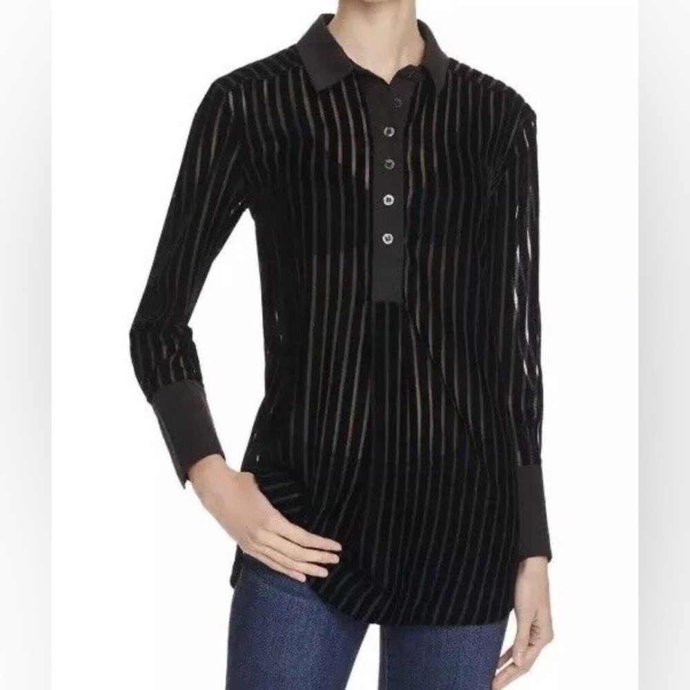 Free People Striped Velvet Button Down Top Shirt Long Sleeve Black XS